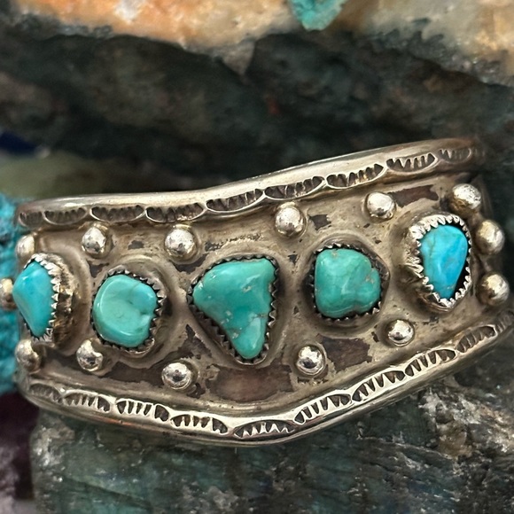 Vintage turquoise native H.Joe Navajo nickle silver pawn...